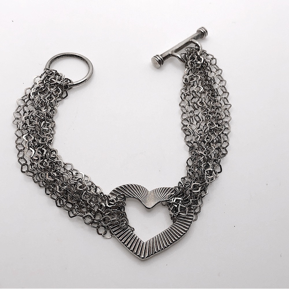 Vtg Sterling Silver Multi Strand Textured Heart Toggle Clasp Bracelet 7.5” - Picture 3 of 6